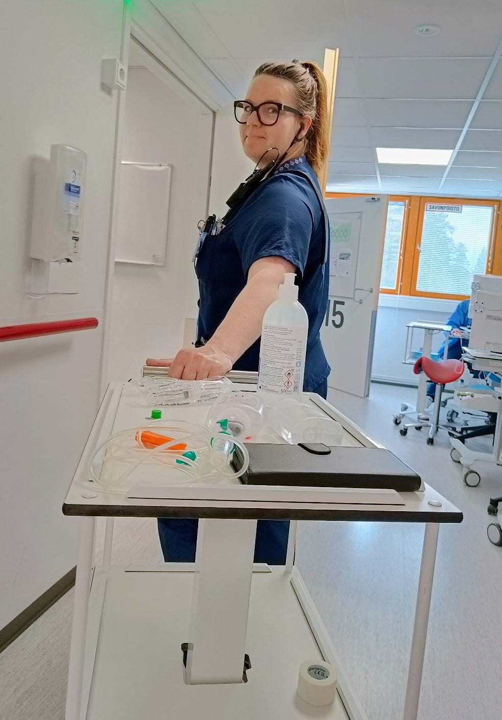 Johanna Eklund using HOSPI table in hospital ward