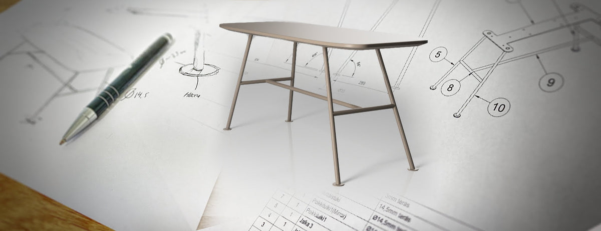 Furniture design at SELKA: a table model on top of technical drawings