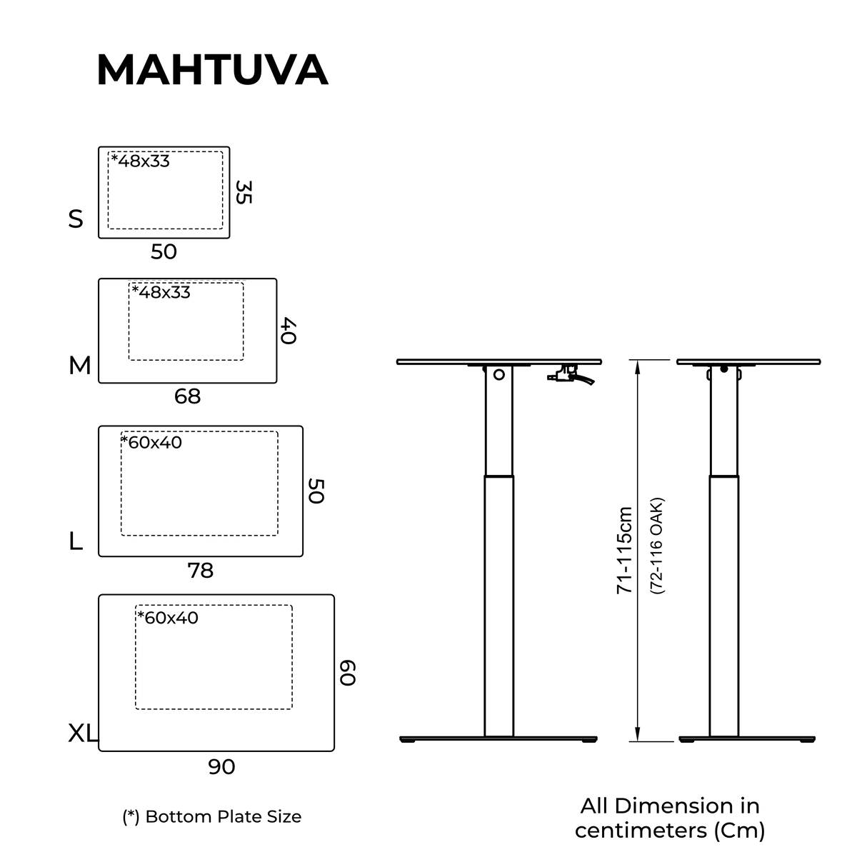 Measurements for height adjustable desk MAHTUVA from SELKAstore